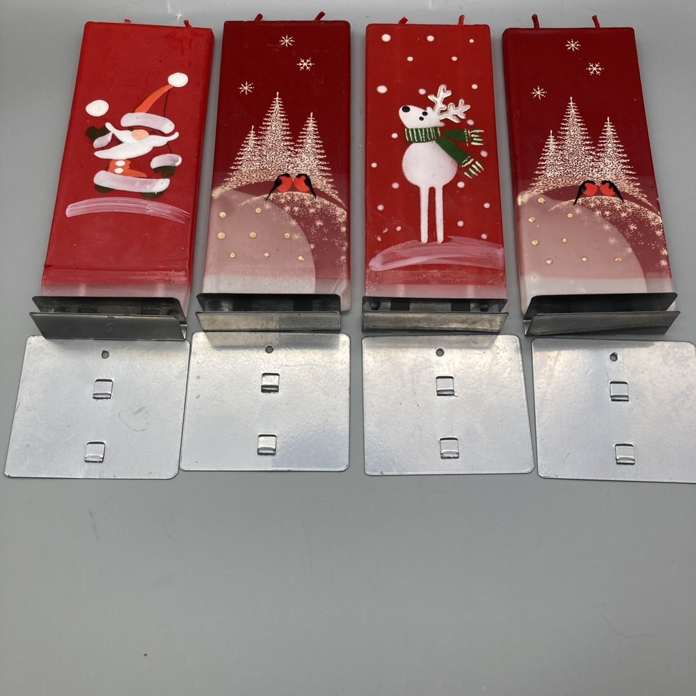 Set Of 4 Vintage Flatyz Flat Christmas Candles Santa Reindeer Snow Double Wick - Picture 5 of 16